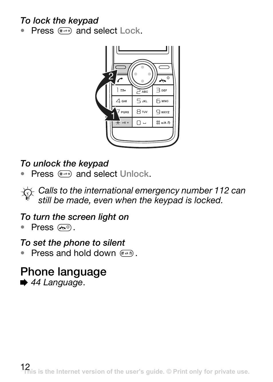 Phone language | Sony Ericsson J110c User Manual | Page 13 / 80