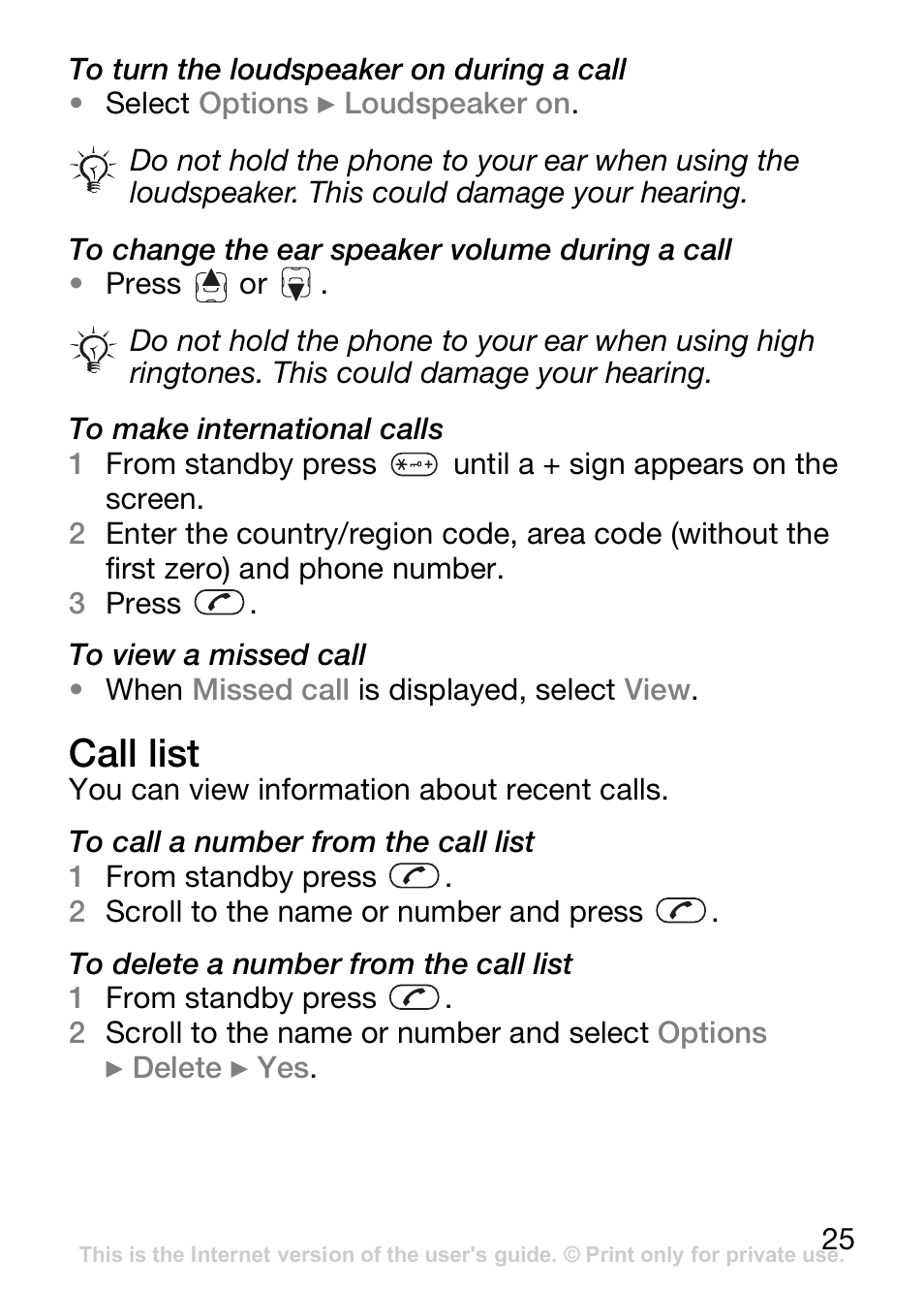 Call list | Sony Ericsson J110c User Manual | Page 26 / 80