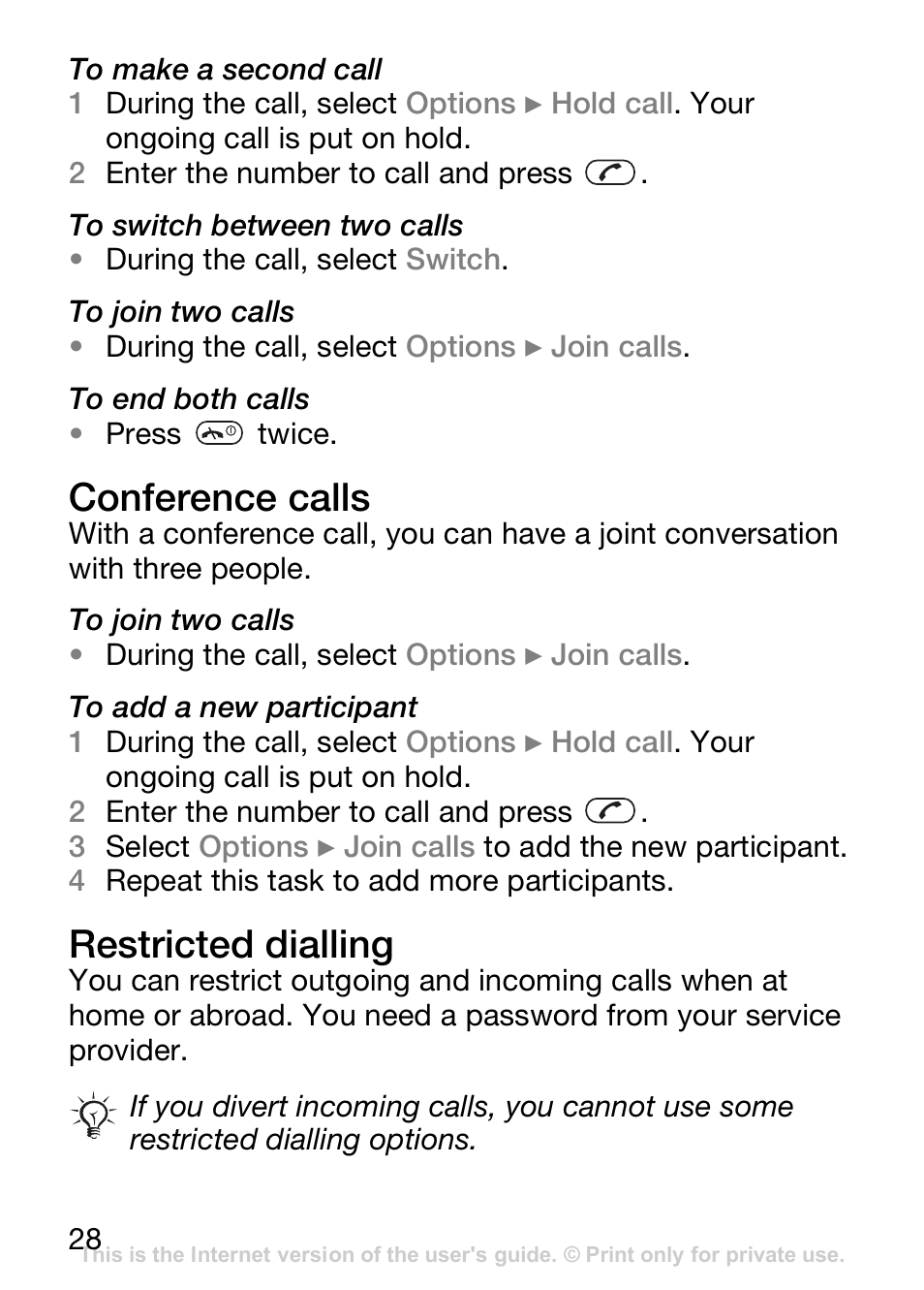 Conference calls, Restricted dialling | Sony Ericsson J110c User Manual | Page 29 / 80