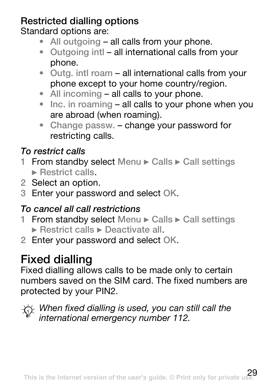 Restricted dialling options, Fixed dialling | Sony Ericsson J110c User Manual | Page 30 / 80