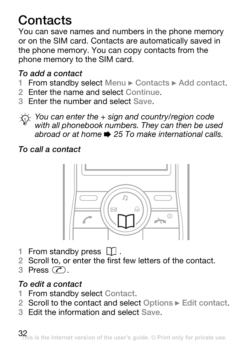 Contacts | Sony Ericsson J110c User Manual | Page 33 / 80