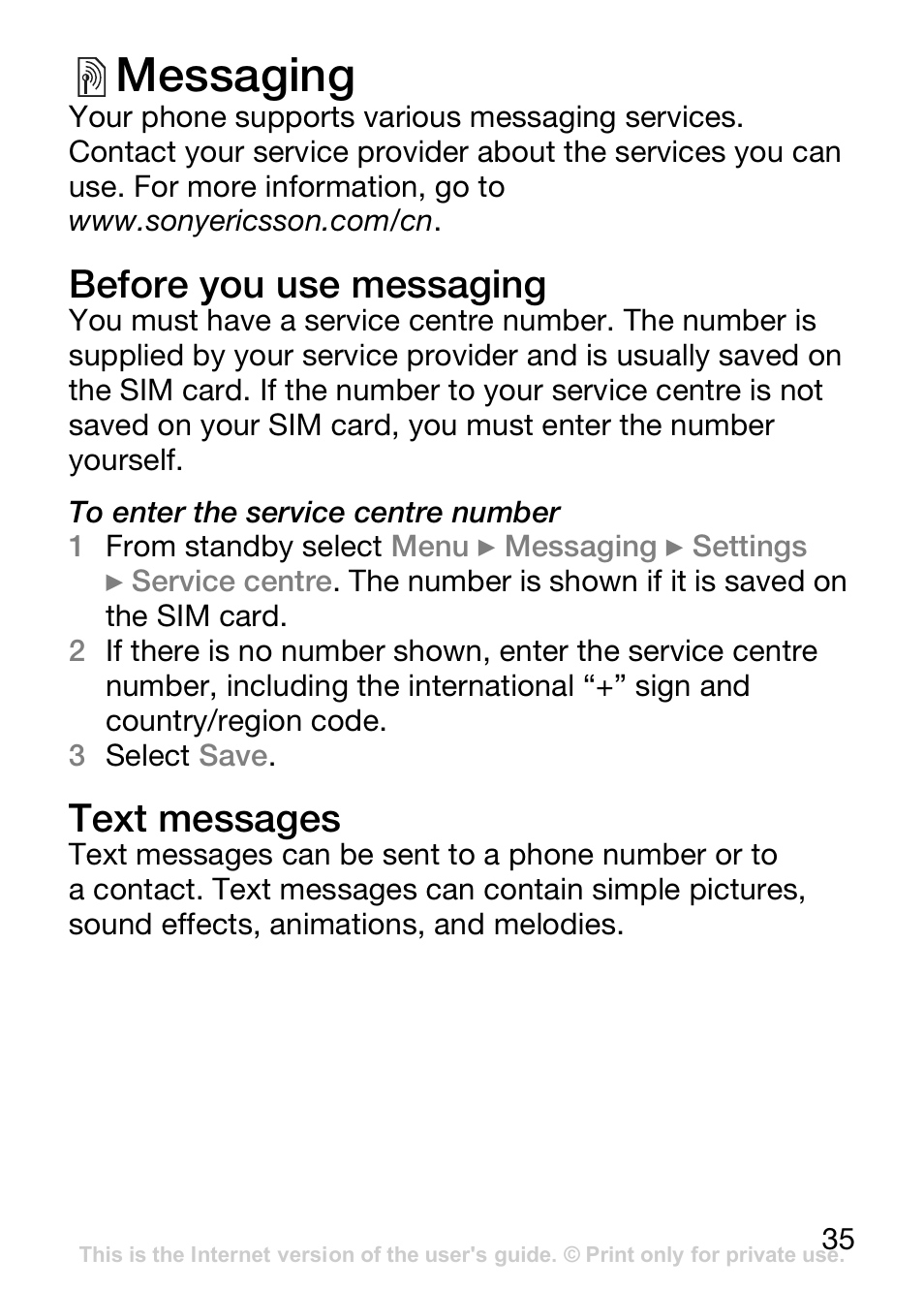 Messaging, Before you use messaging, Text messages | 35 messaging | Sony Ericsson J110c User Manual | Page 36 / 80