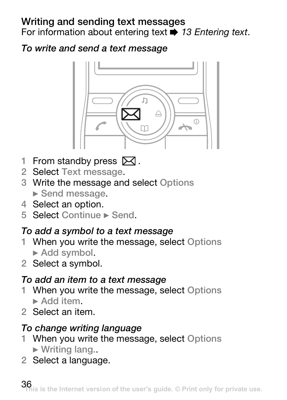 Writing and sending text messages | Sony Ericsson J110c User Manual | Page 37 / 80