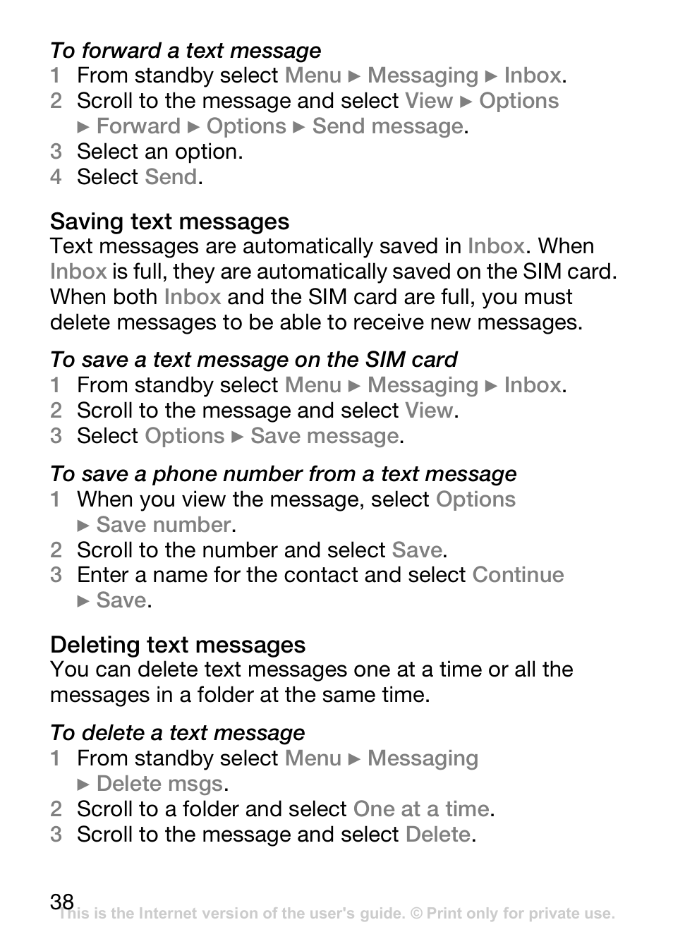 Saving text messages, Deleting text messages | Sony Ericsson J110c User Manual | Page 39 / 80