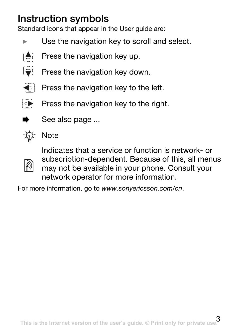 Instruction symbols | Sony Ericsson J110c User Manual | Page 4 / 80