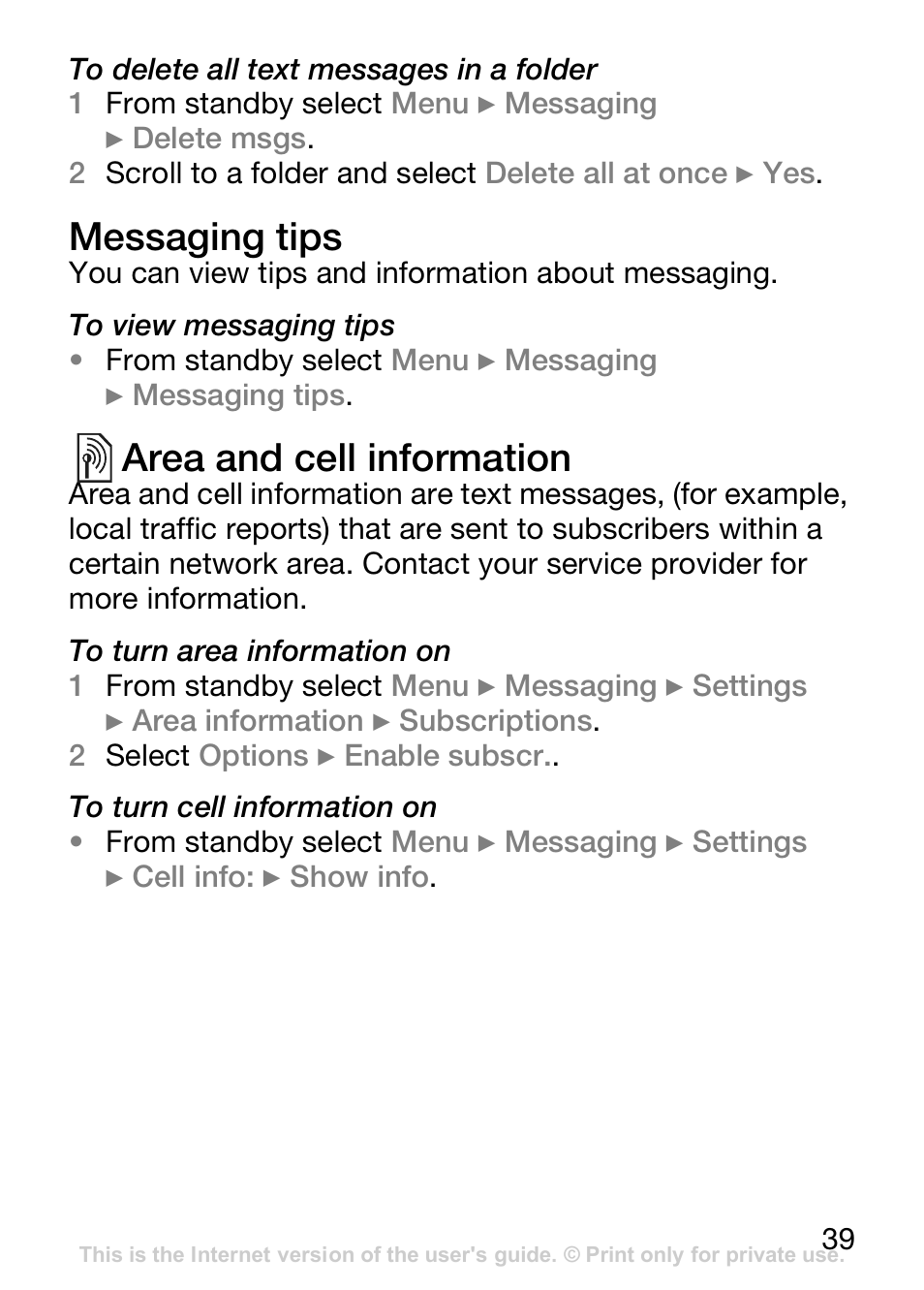 Messaging tips, Area and cell information | Sony Ericsson J110c User Manual | Page 40 / 80