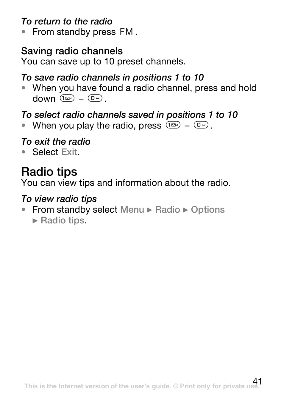 Saving radio channels, Radio tips | Sony Ericsson J110c User Manual | Page 42 / 80