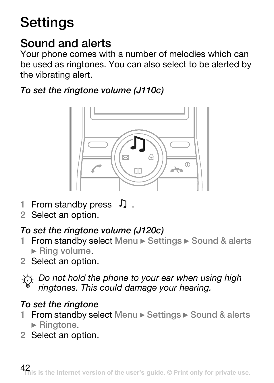 Settings, Sound and alerts | Sony Ericsson J110c User Manual | Page 43 / 80