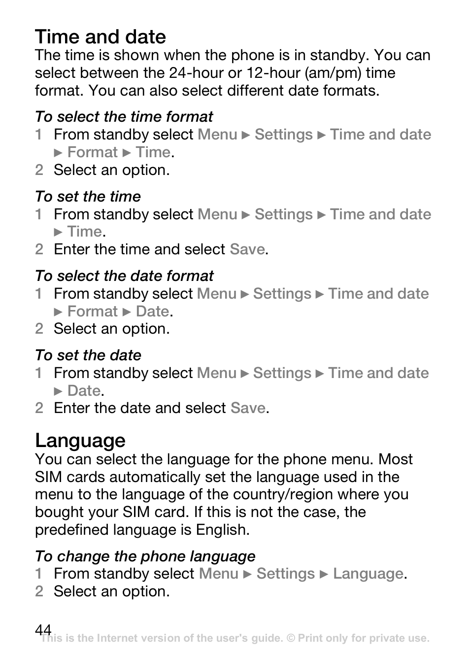 Time and date, Language | Sony Ericsson J110c User Manual | Page 45 / 80