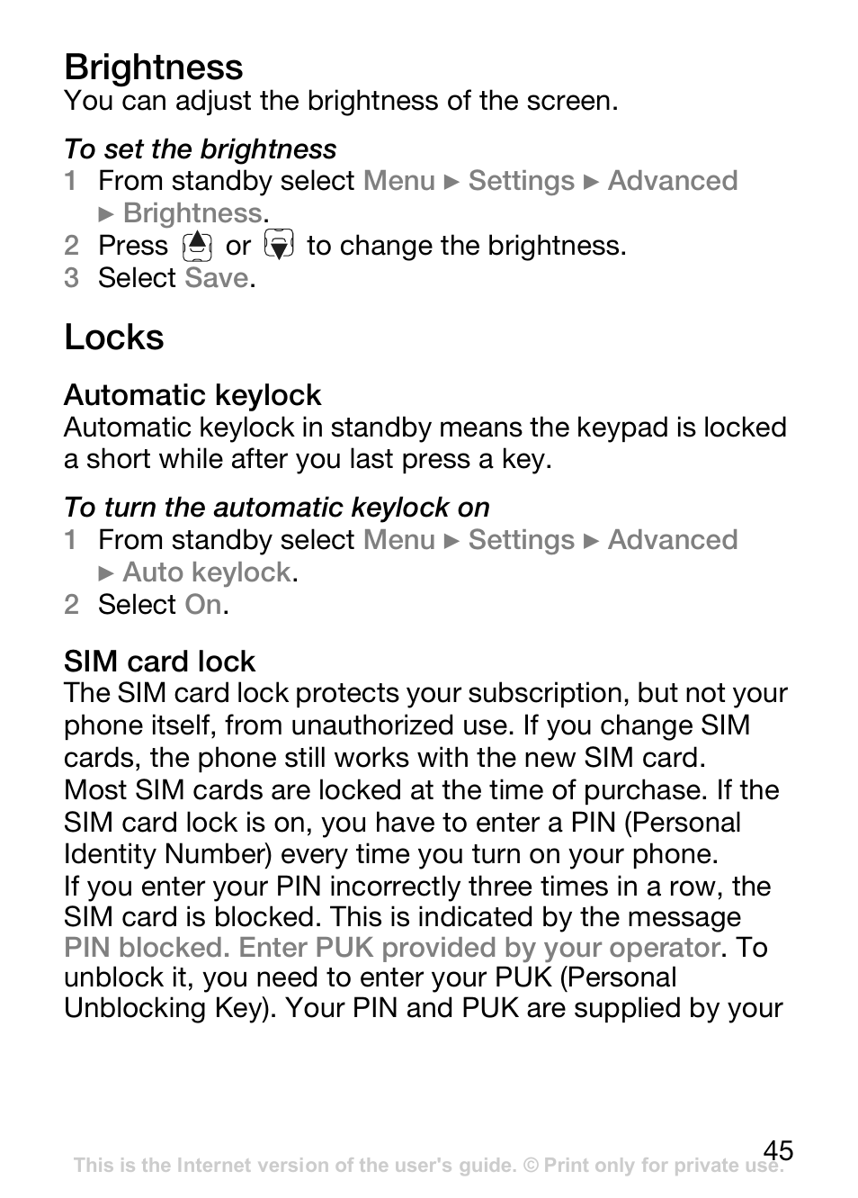 Brightness, Locks, Automatic keylock | Sim card lock | Sony Ericsson J110c User Manual | Page 46 / 80