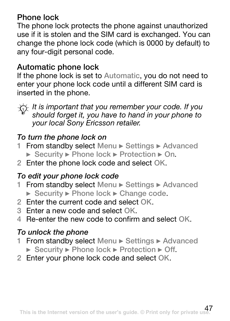 Phone lock, Automatic phone lock | Sony Ericsson J110c User Manual | Page 48 / 80