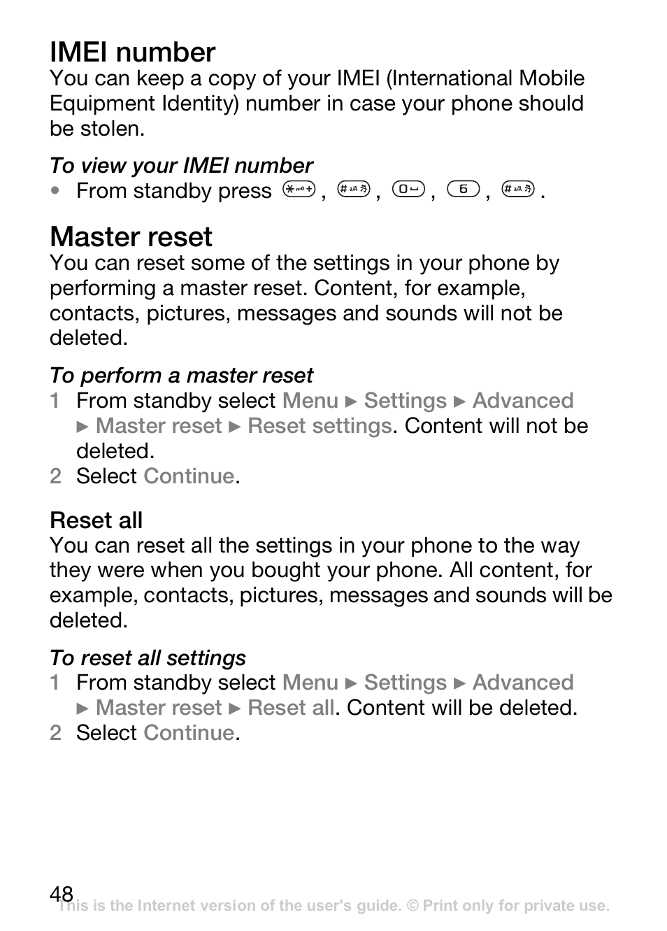 Imei number, Master reset, Reset all | Sony Ericsson J110c User Manual | Page 49 / 80