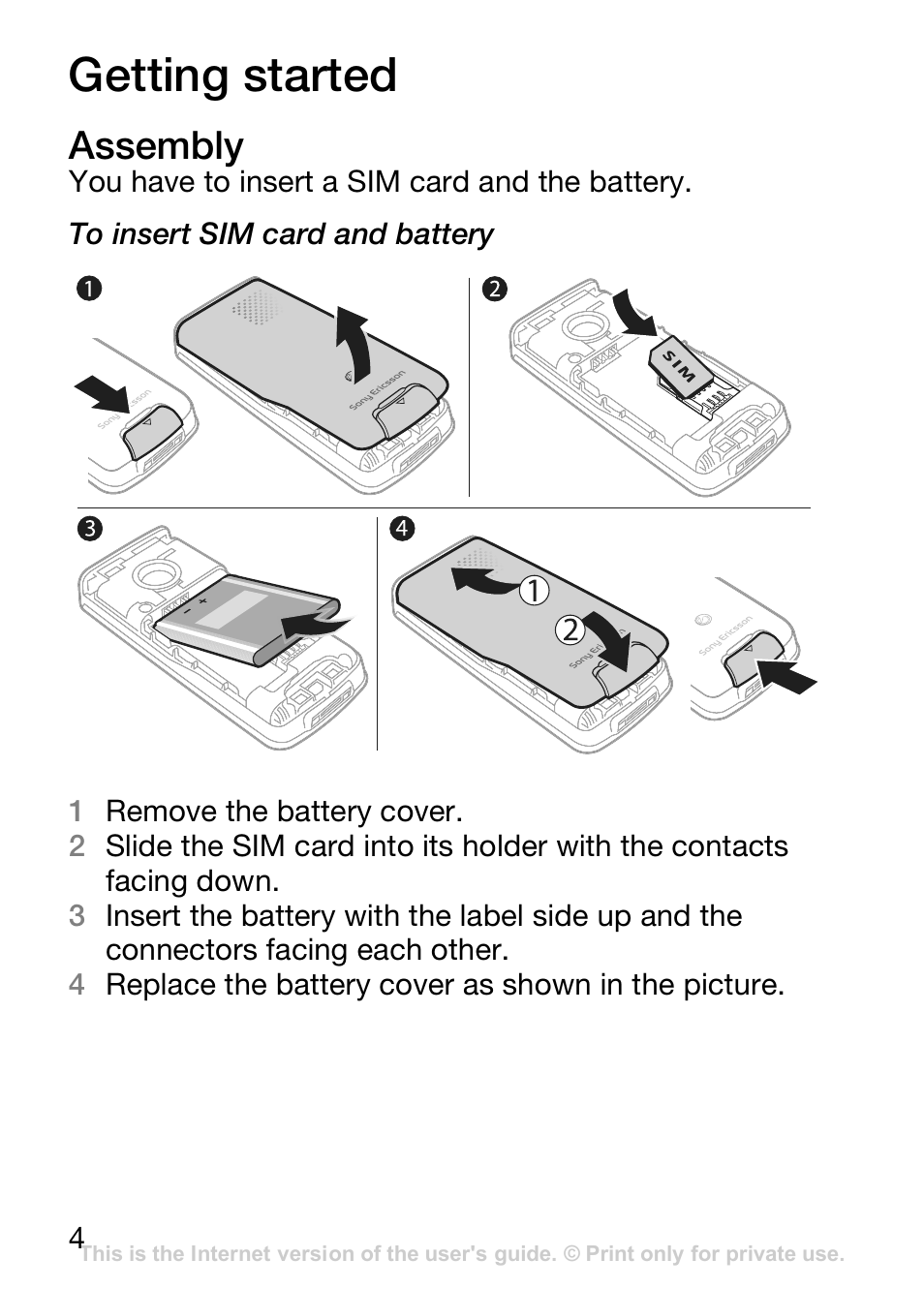 Getting started, Assembly | Sony Ericsson J110c User Manual | Page 5 / 80