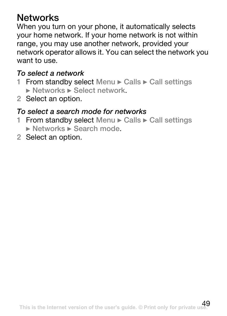 Networks, 49 networks | Sony Ericsson J110c User Manual | Page 50 / 80