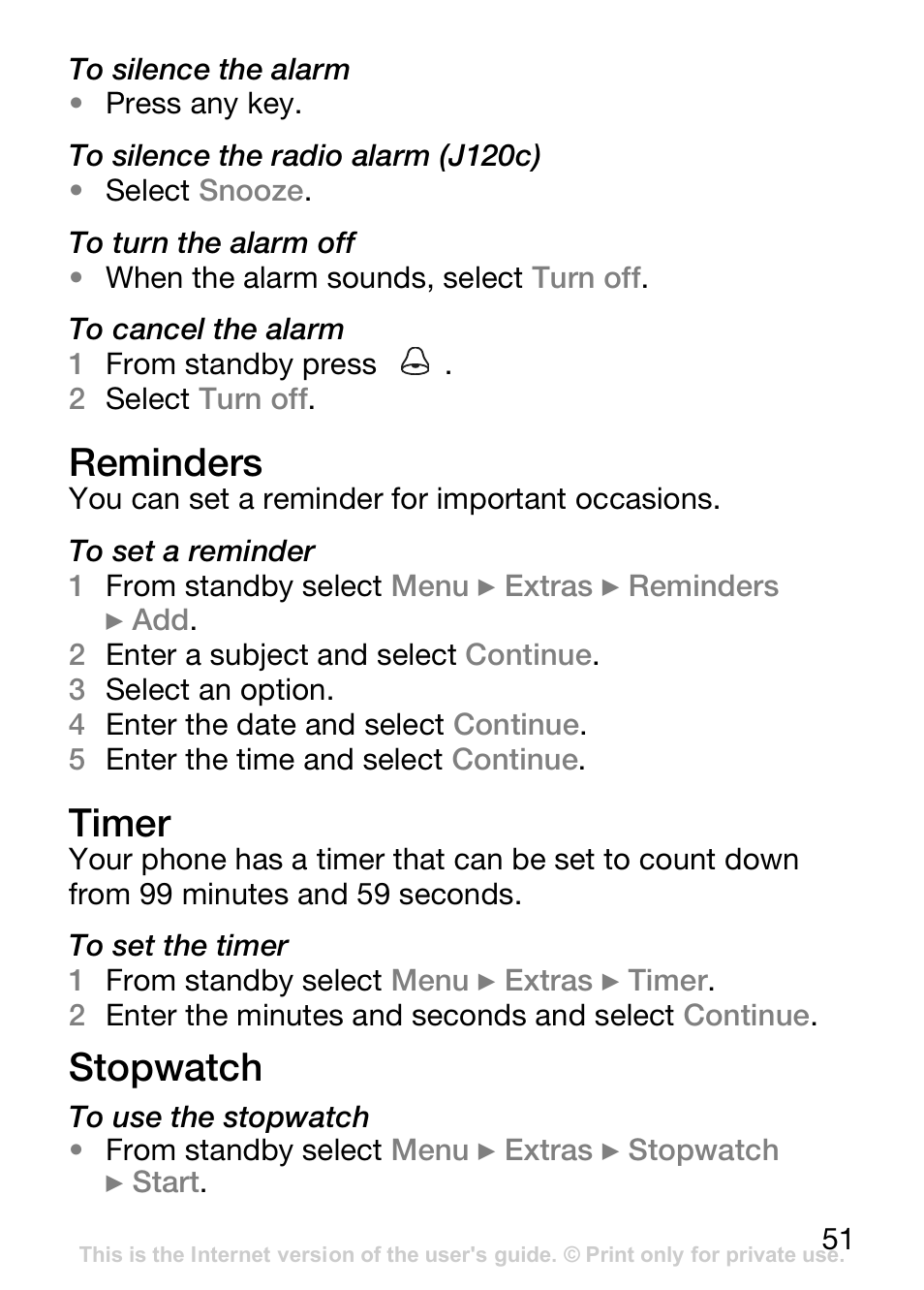 Reminders, Timer, Stopwatch | Sony Ericsson J110c User Manual | Page 52 / 80