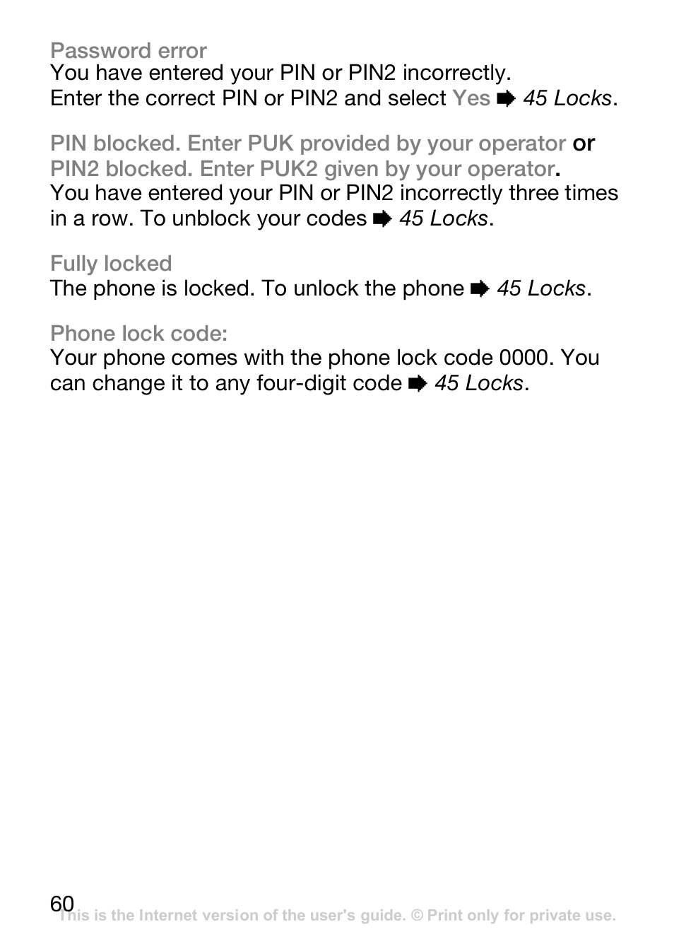 Password error, Fully locked, Phone lock code | Sony Ericsson J110c User Manual | Page 61 / 80