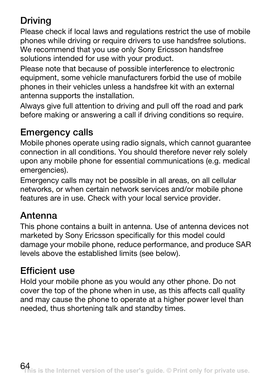 Driving, Emergency calls, Antenna | Efficient use | Sony Ericsson J110c User Manual | Page 65 / 80