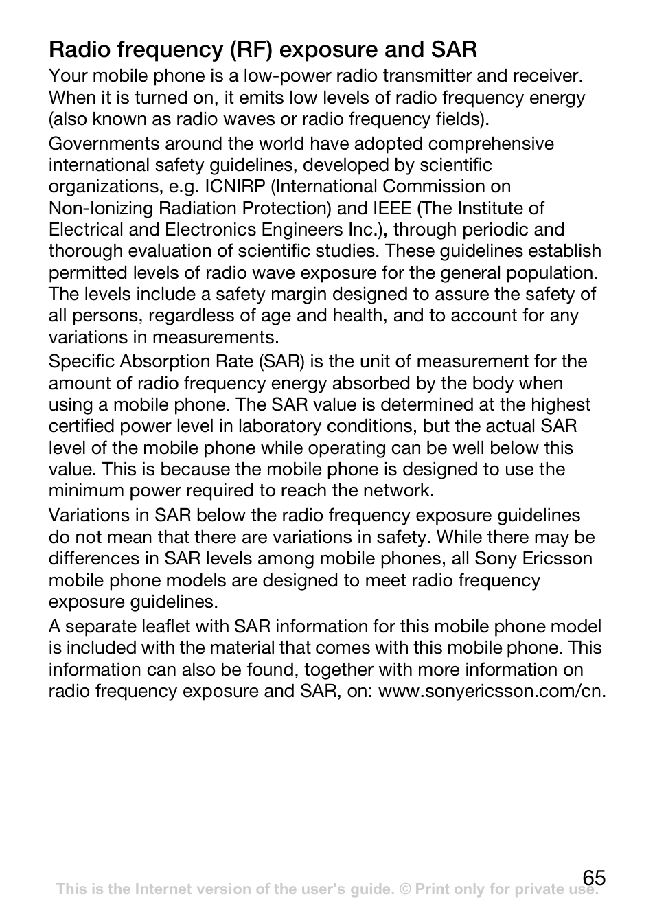 Radio frequency (rf) exposure and sar | Sony Ericsson J110c User Manual | Page 66 / 80