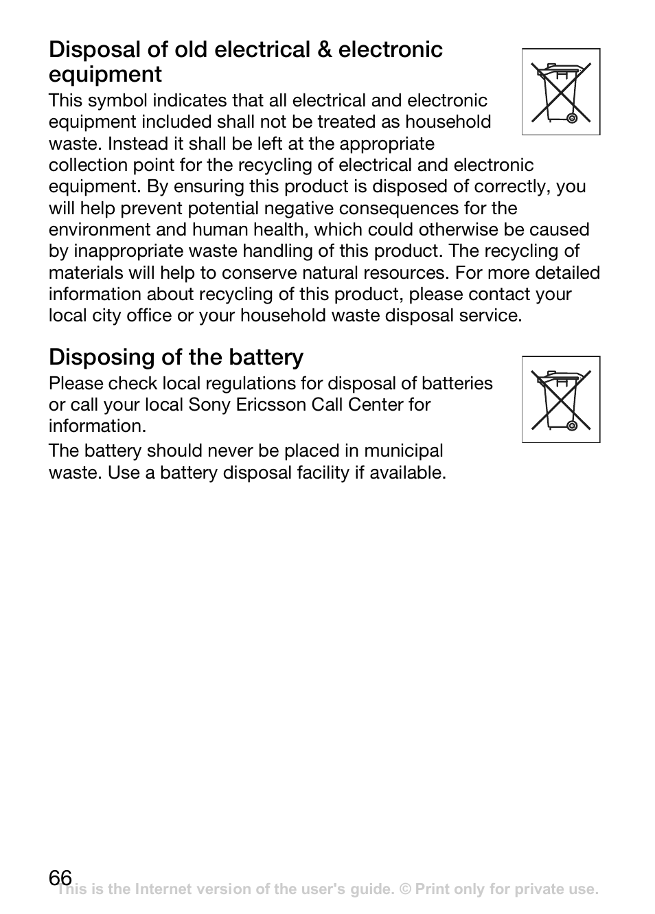 Disposal of old electrical & electronic equipment, Disposing of the battery | Sony Ericsson J110c User Manual | Page 67 / 80