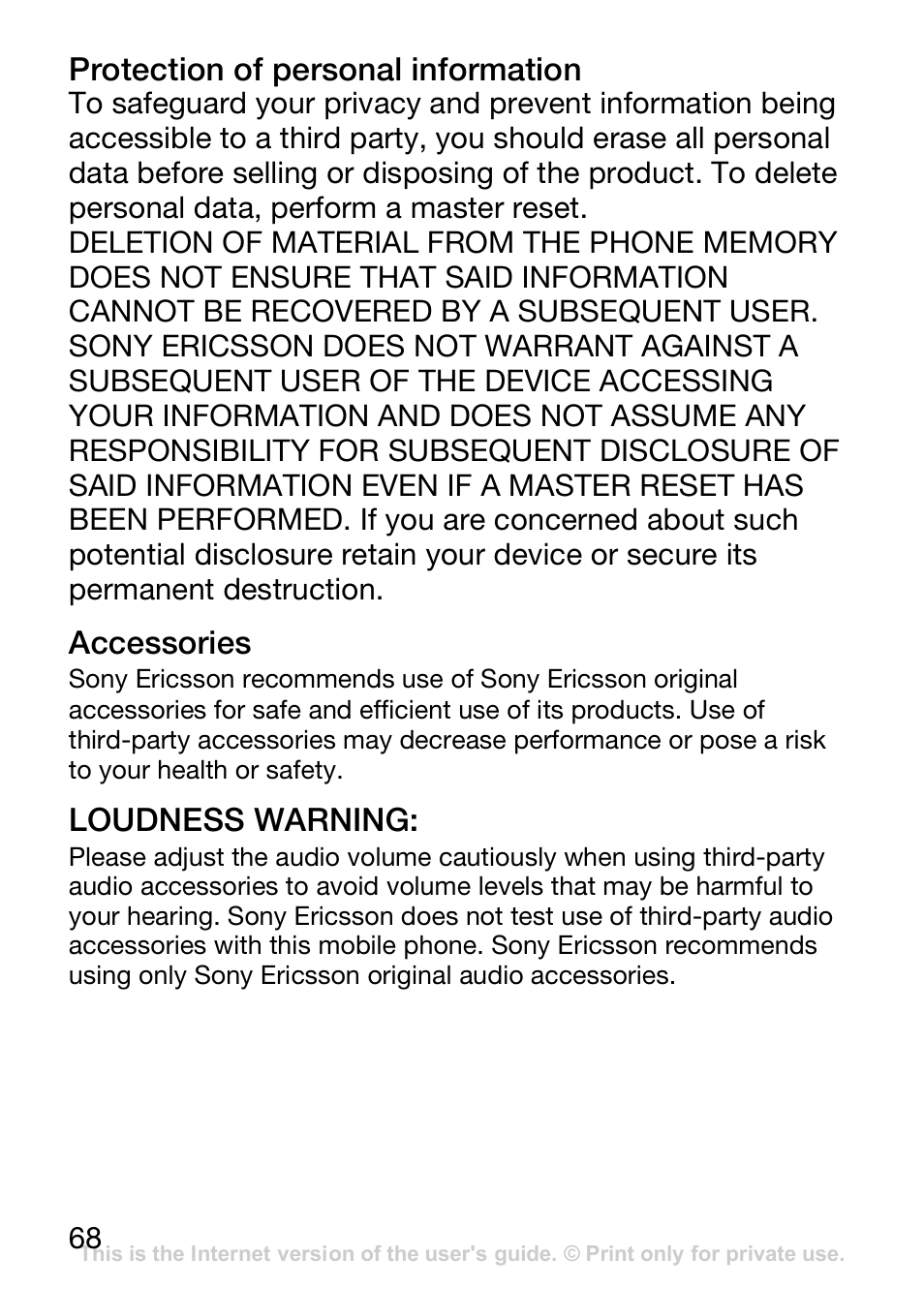 Protection of personal information, Accessories, Loudness warning | Sony Ericsson J110c User Manual | Page 69 / 80