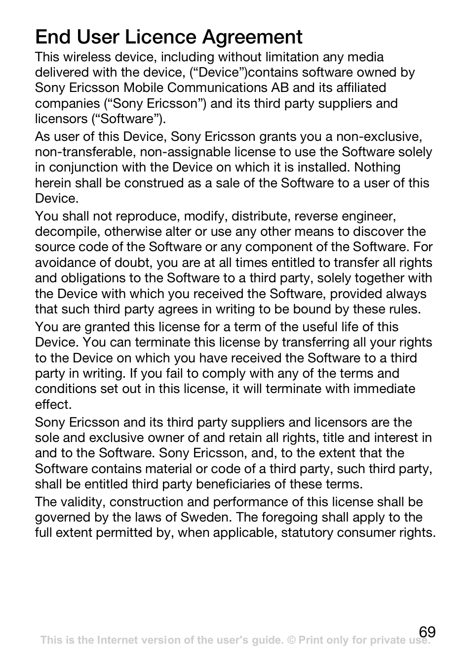 End user licence agreement | Sony Ericsson J110c User Manual | Page 70 / 80