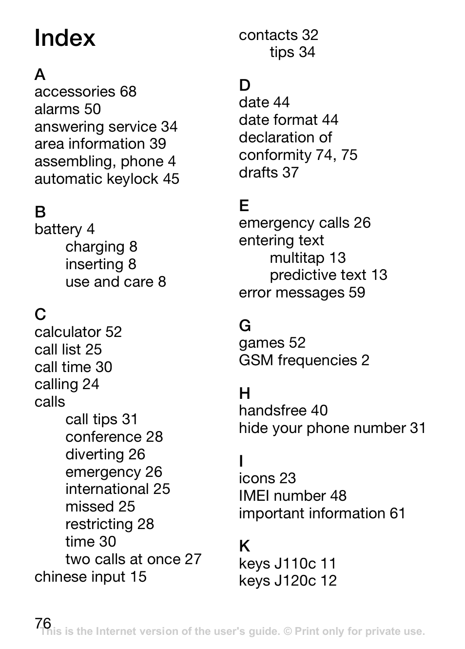 Index | Sony Ericsson J110c User Manual | Page 77 / 80