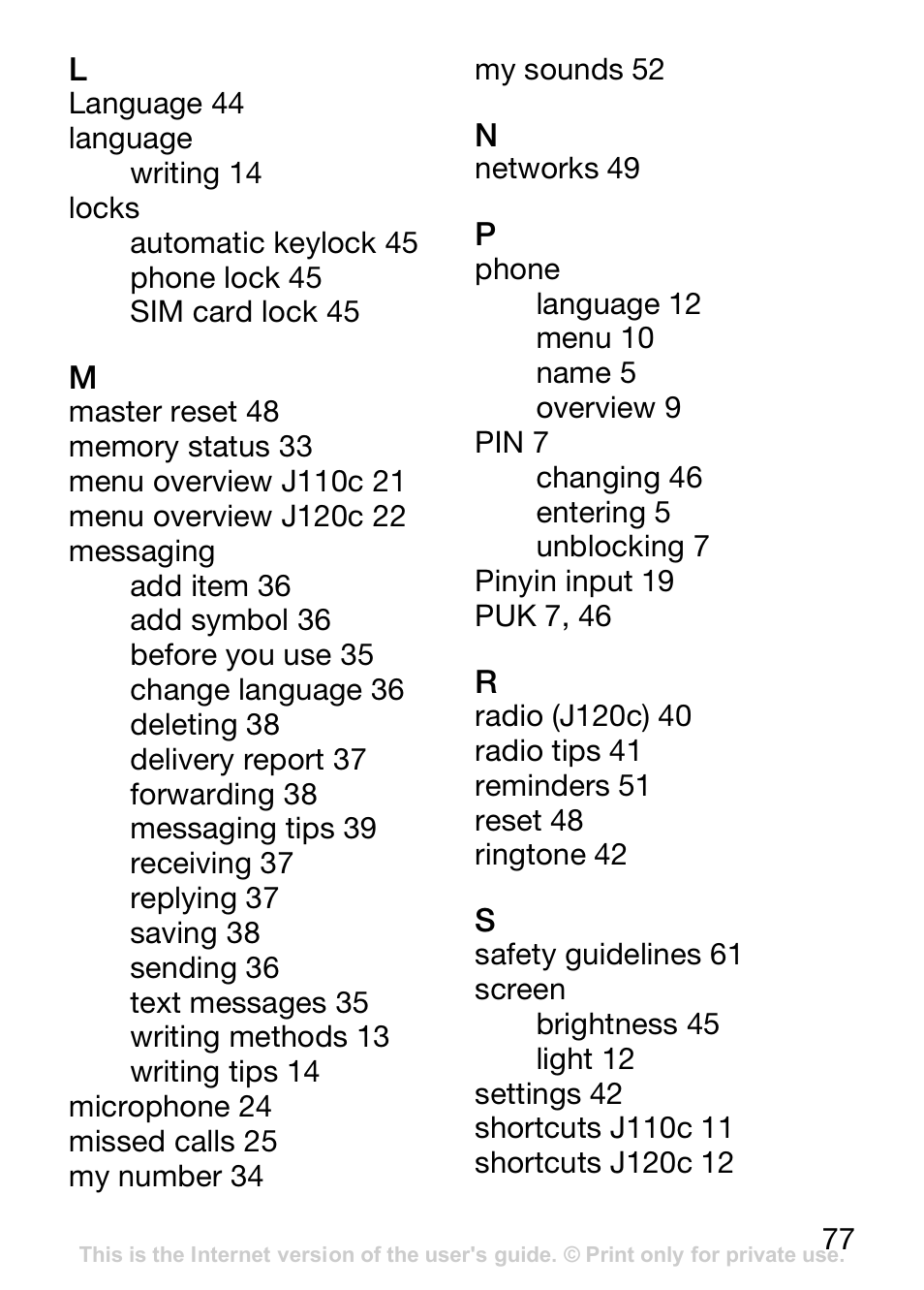 Sony Ericsson J110c User Manual | Page 78 / 80