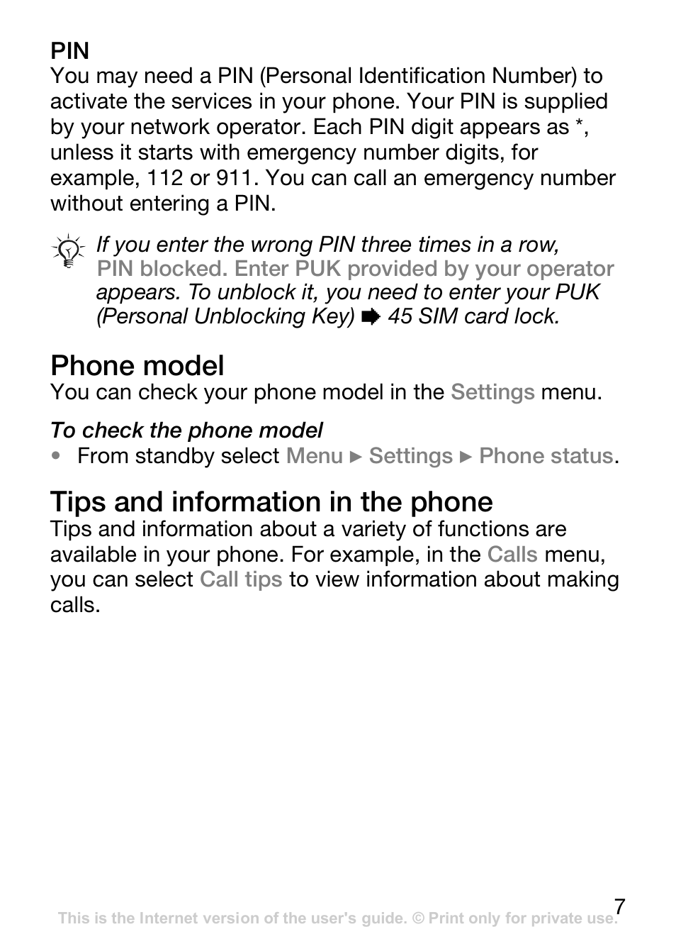 Phone model, Tips and information in the phone | Sony Ericsson J110c User Manual | Page 8 / 80