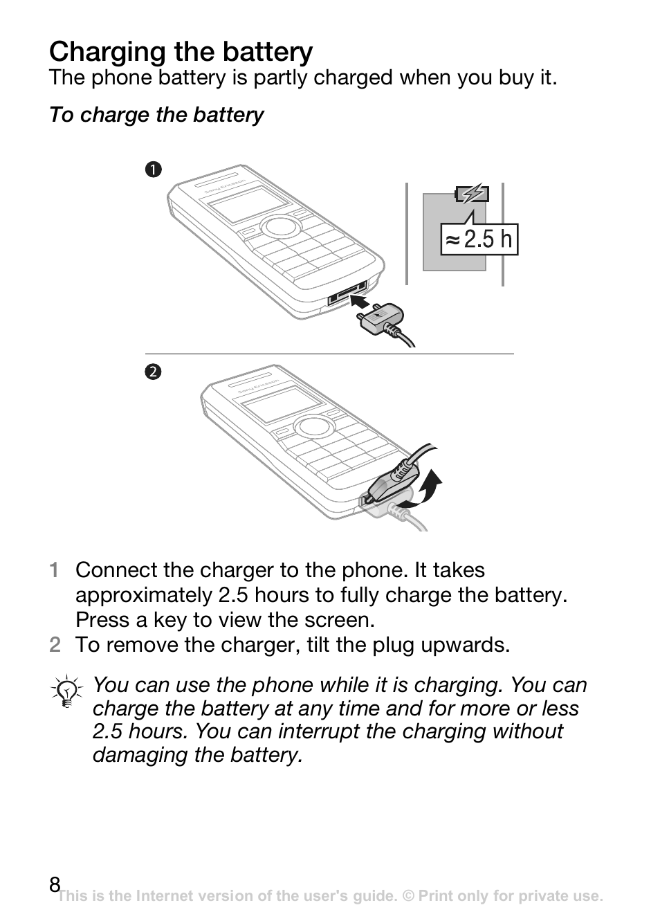 Charging the battery | Sony Ericsson J110c User Manual | Page 9 / 80