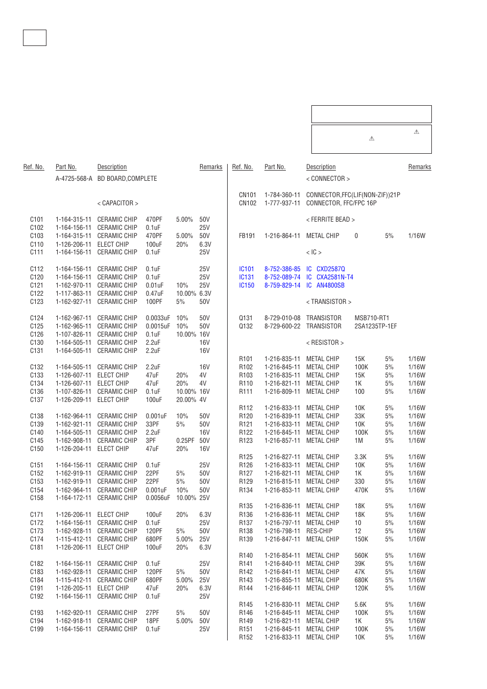Electrical parts list, Ic150, Ic101 | Ic131 | Sony Ericsson CDP-XE570 User Manual | Page 26 / 30