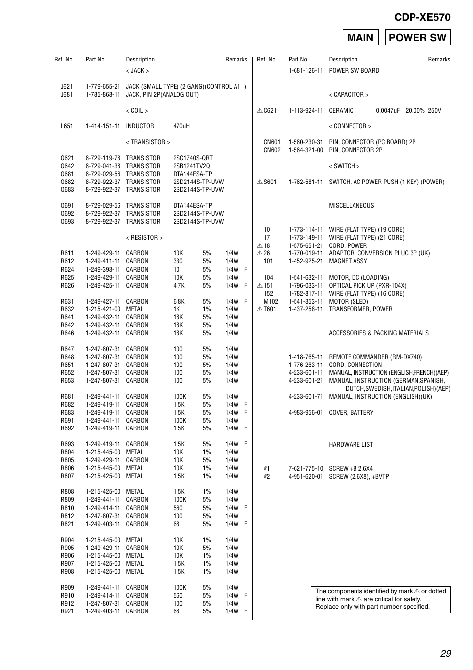 Power sw, Cdp-xe570, Main power sw | Sony Ericsson CDP-XE570 User Manual | Page 29 / 30