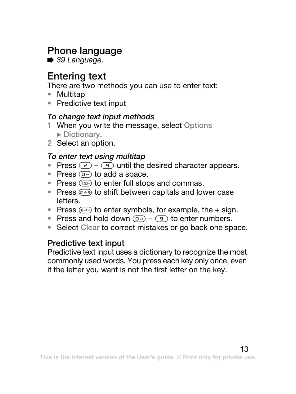 Phone language, Entering text | Sony Ericsson J120 User Manual | Page 14 / 74