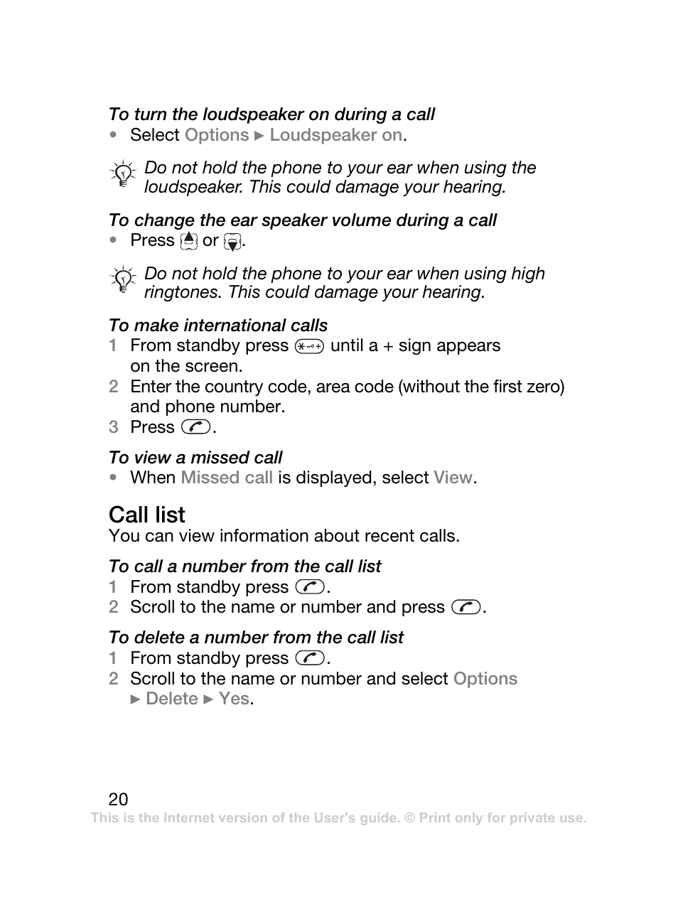 Call list | Sony Ericsson J120 User Manual | Page 21 / 74