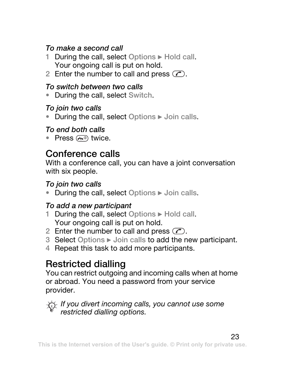 Conference calls, Restricted dialling | Sony Ericsson J120 User Manual | Page 24 / 74