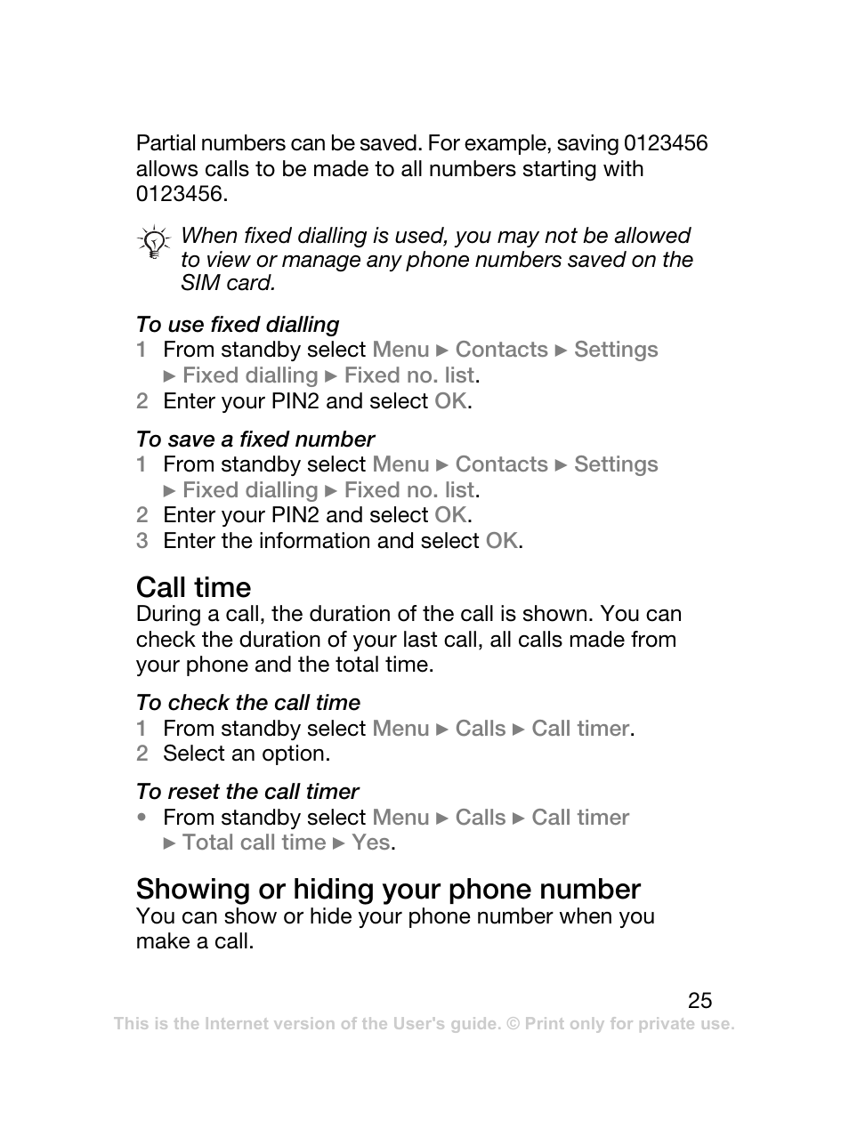 Call time, Showing or hiding your phone number | Sony Ericsson J120 User Manual | Page 26 / 74