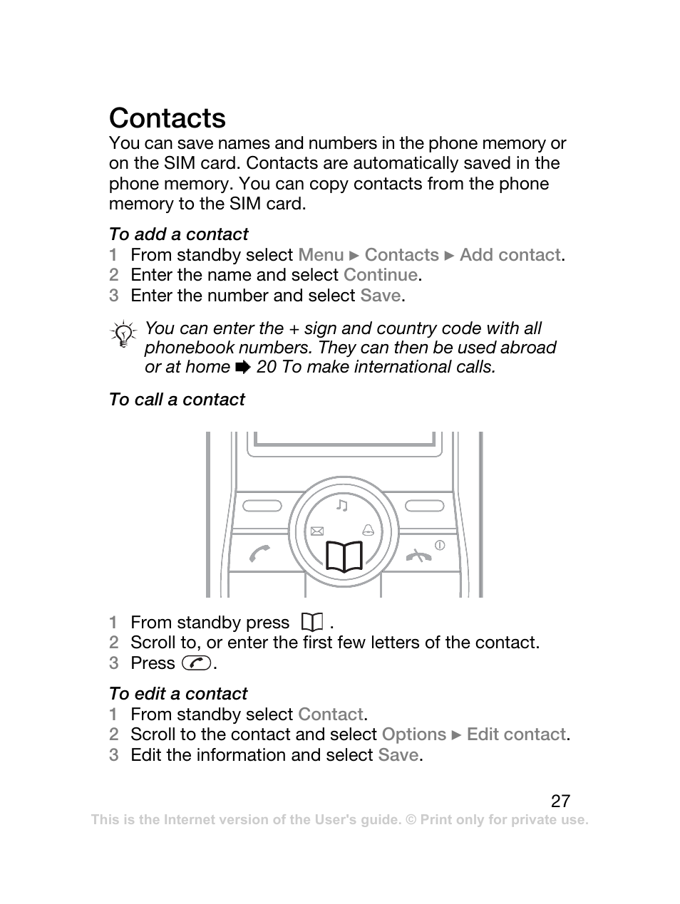 Contacts | Sony Ericsson J120 User Manual | Page 28 / 74