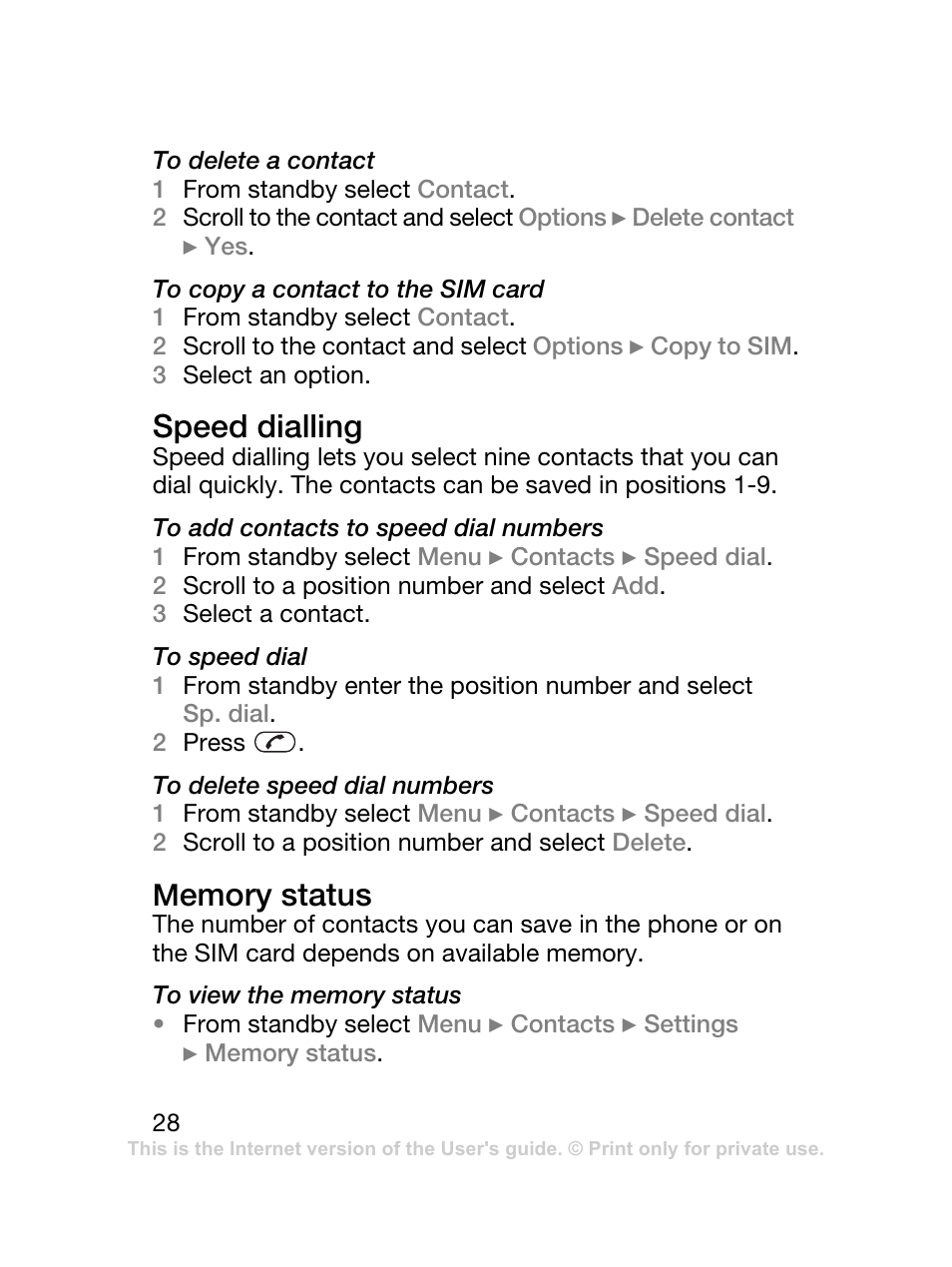 Speed dialling, Emory status | Sony Ericsson J120 User Manual | Page 29 / 74