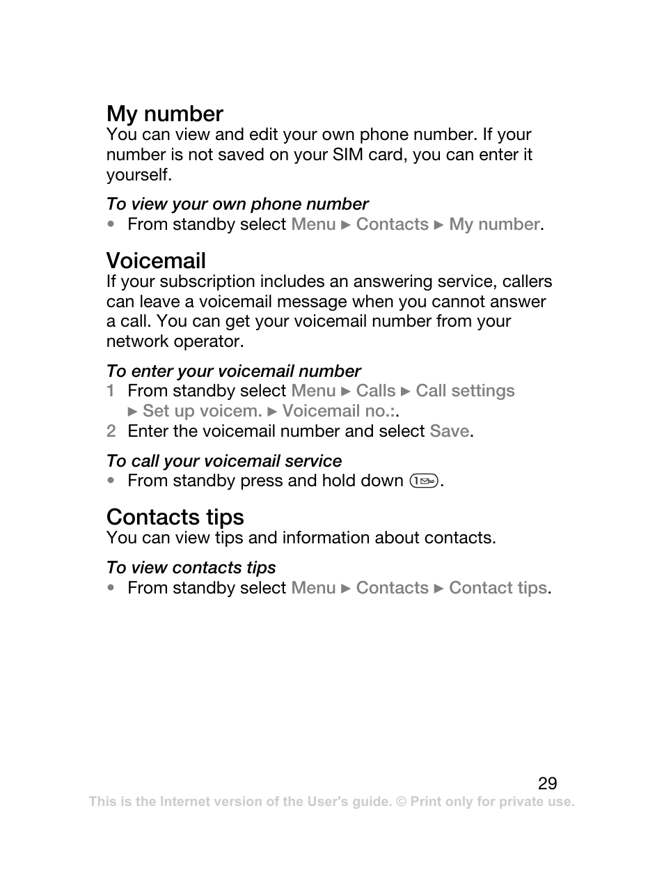 My number, Voicemail, Contacts tips | Sony Ericsson J120 User Manual | Page 30 / 74