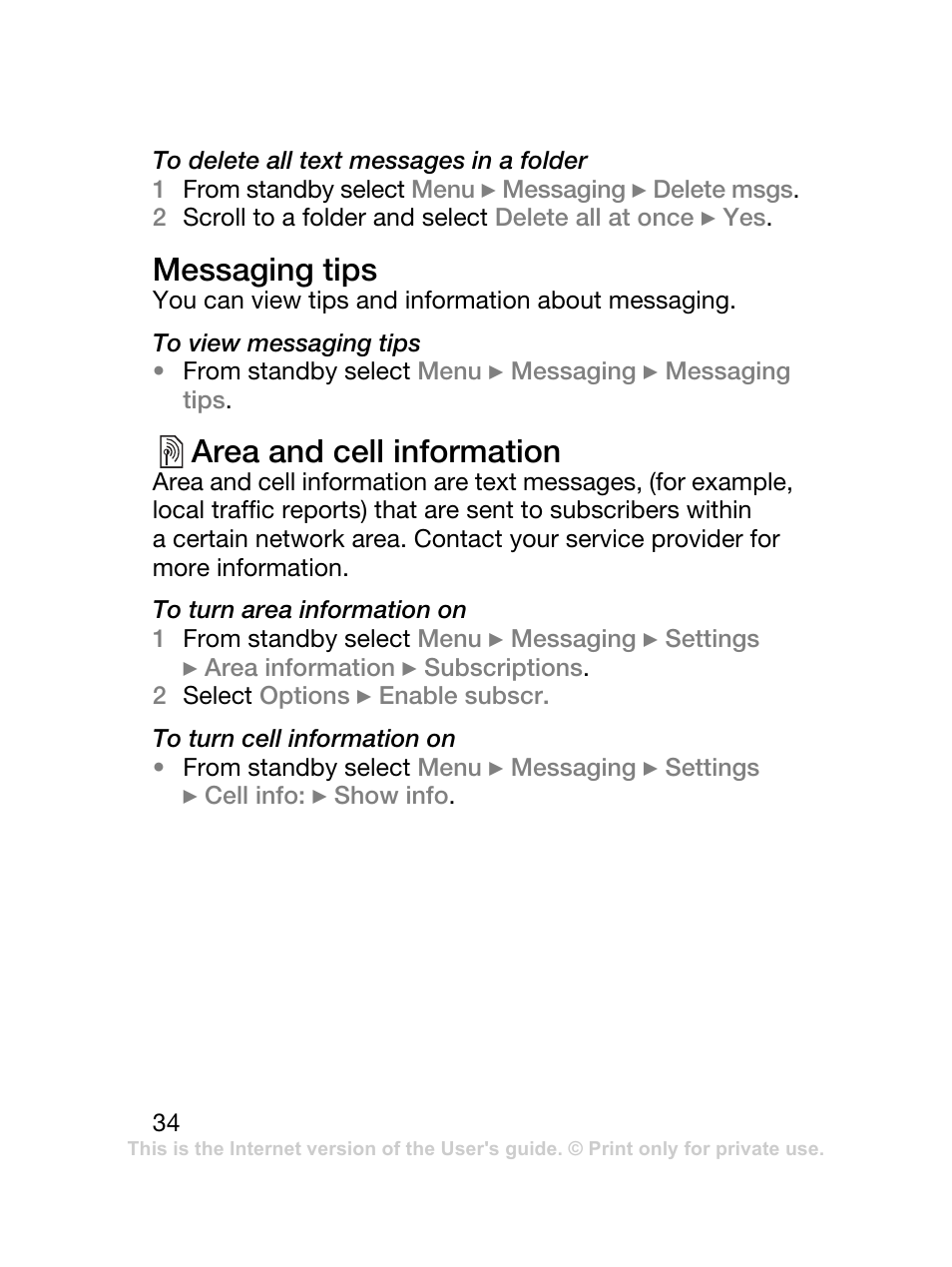 Messaging tips, Area and cell information | Sony Ericsson J120 User Manual | Page 35 / 74