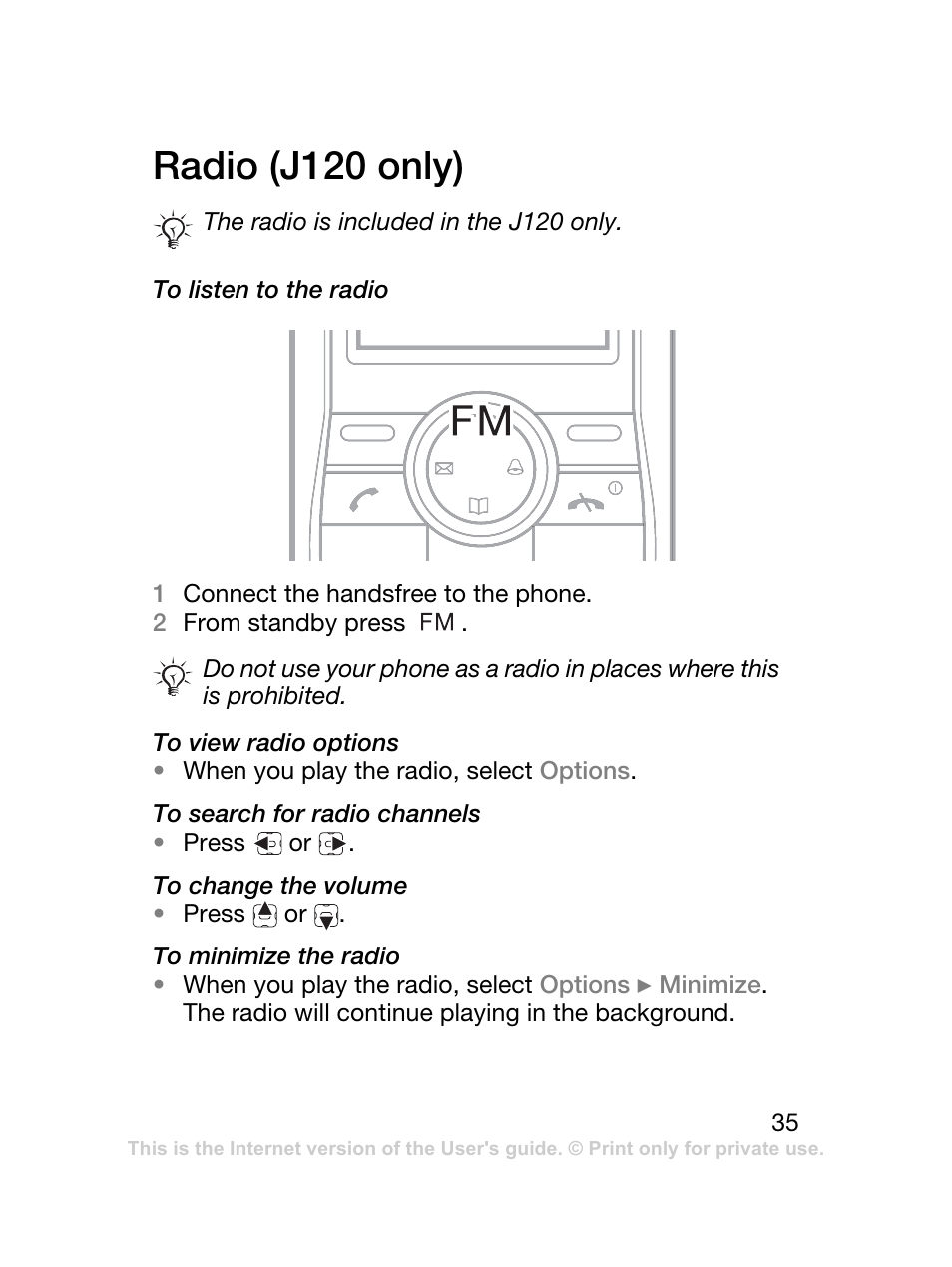 Radio (j120 only), 35 radio (j120 only) | Sony Ericsson J120 User Manual | Page 36 / 74