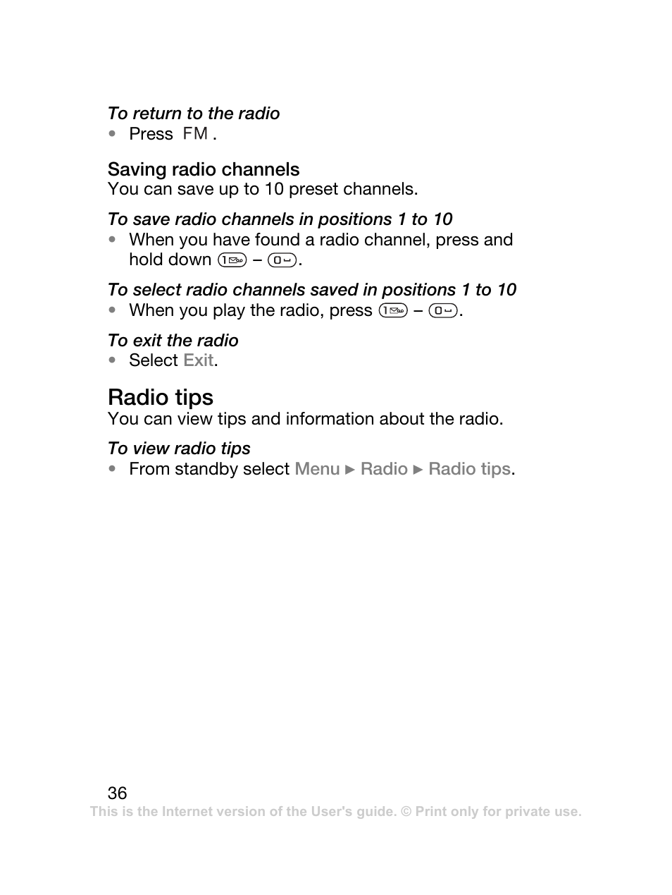 Radio tips | Sony Ericsson J120 User Manual | Page 37 / 74