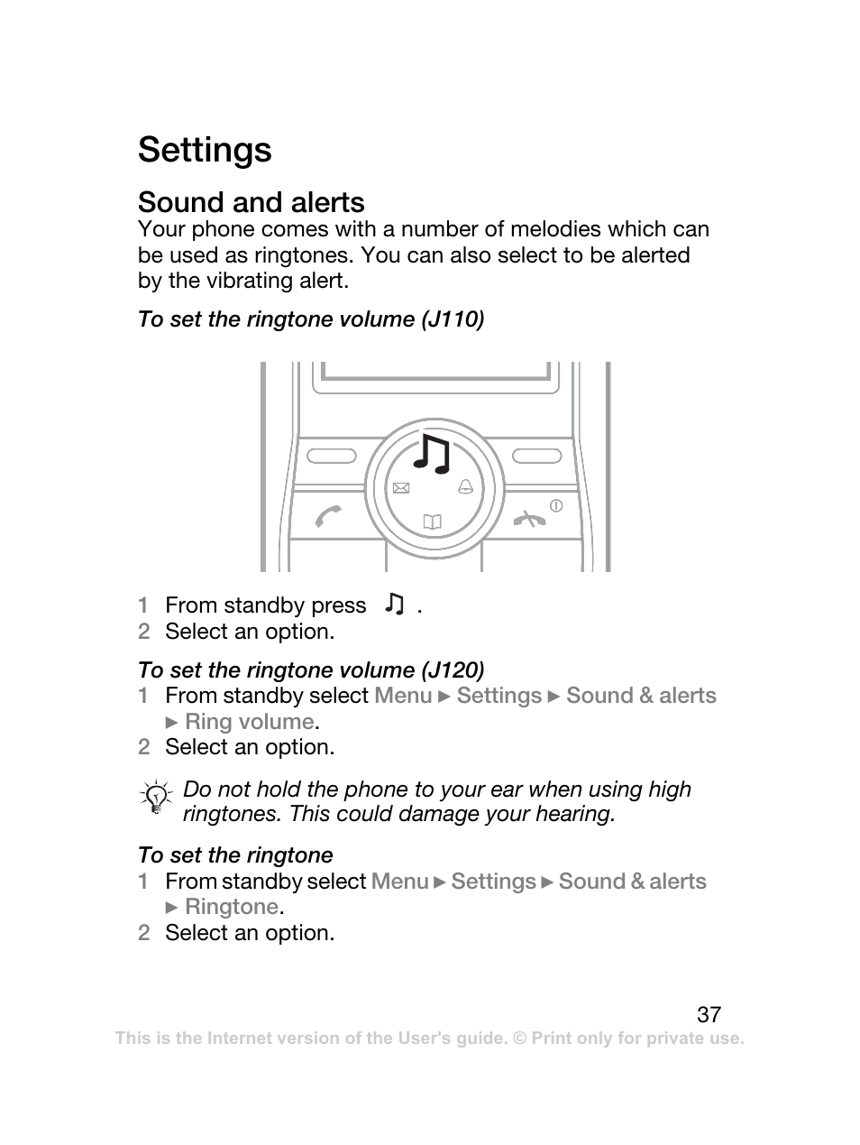 Settings, Sound and alerts | Sony Ericsson J120 User Manual | Page 38 / 74