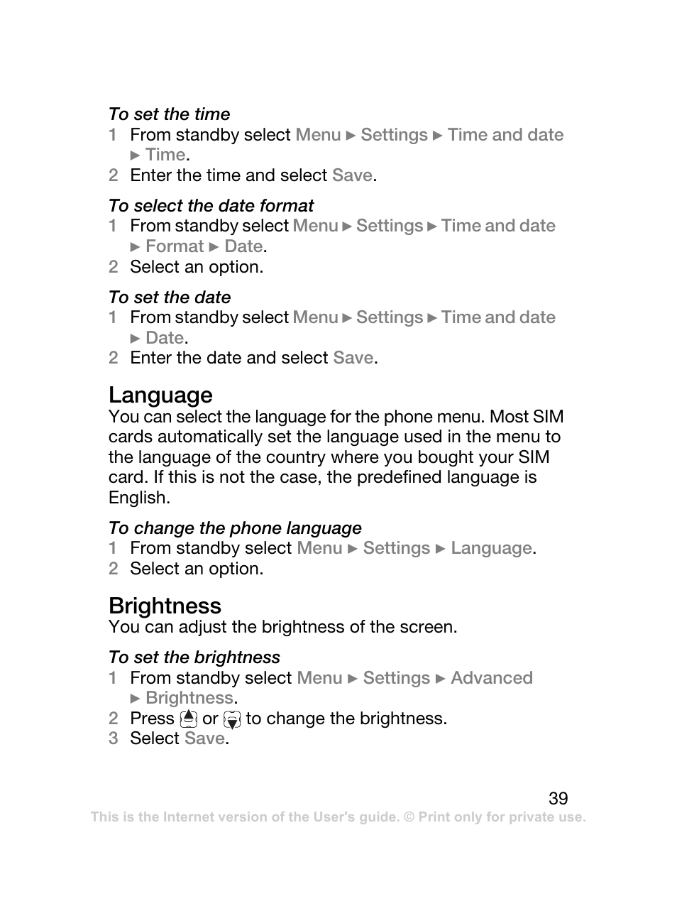 Language, Brightness | Sony Ericsson J120 User Manual | Page 40 / 74