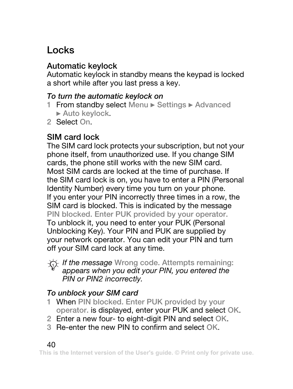 Locks | Sony Ericsson J120 User Manual | Page 41 / 74