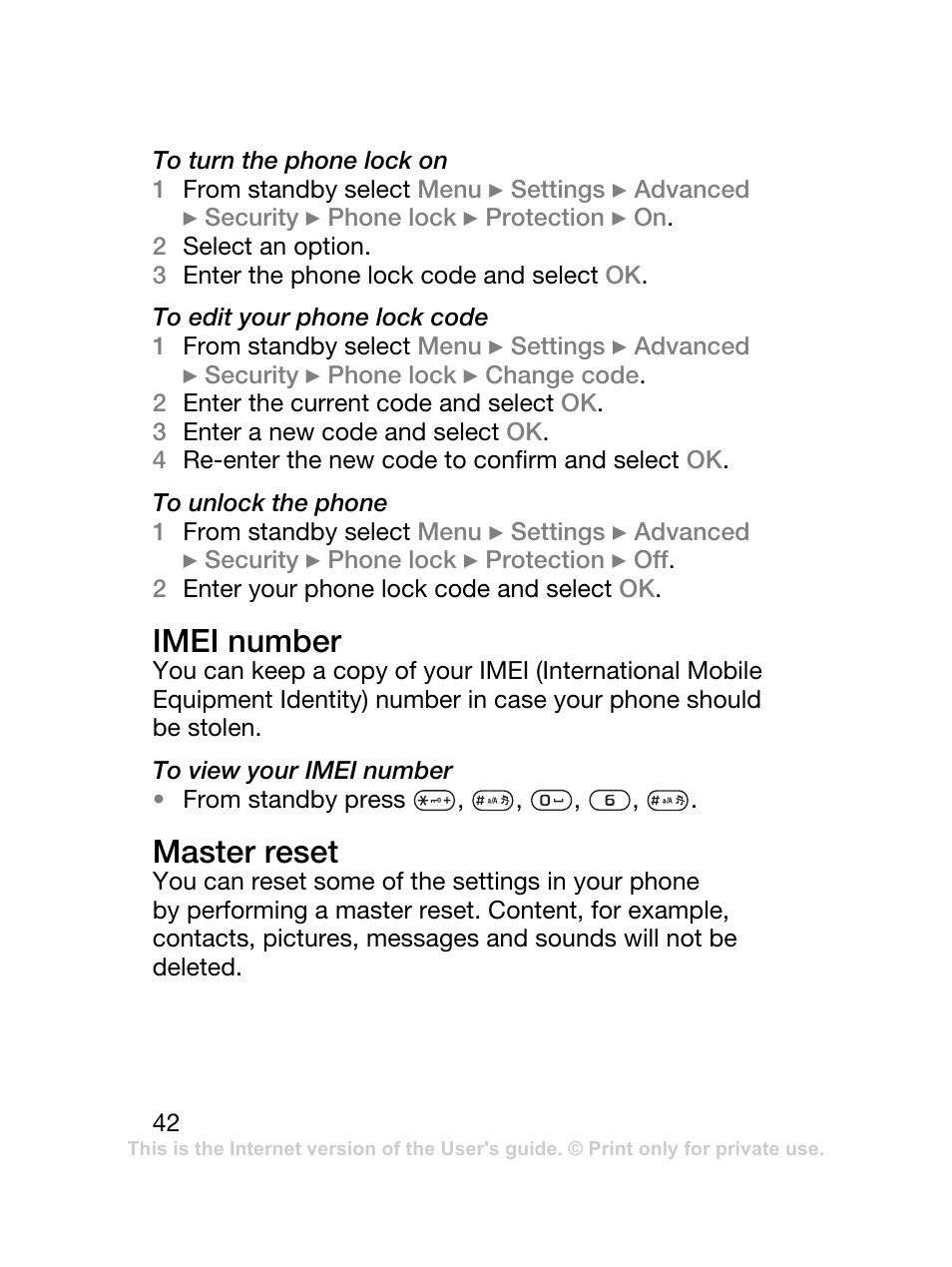 Imei number, Master reset | Sony Ericsson J120 User Manual | Page 43 / 74