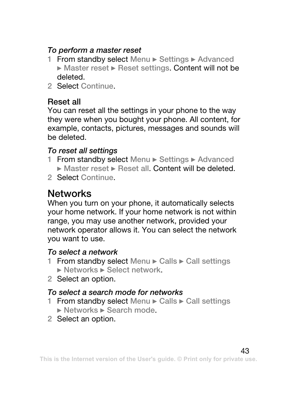 43 networks, Networks | Sony Ericsson J120 User Manual | Page 44 / 74