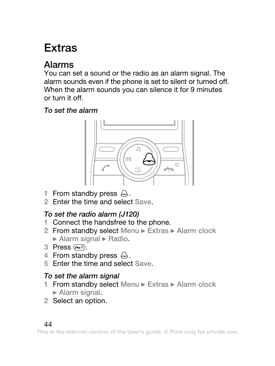 Extras, Alarms | Sony Ericsson J120 User Manual | Page 45 / 74