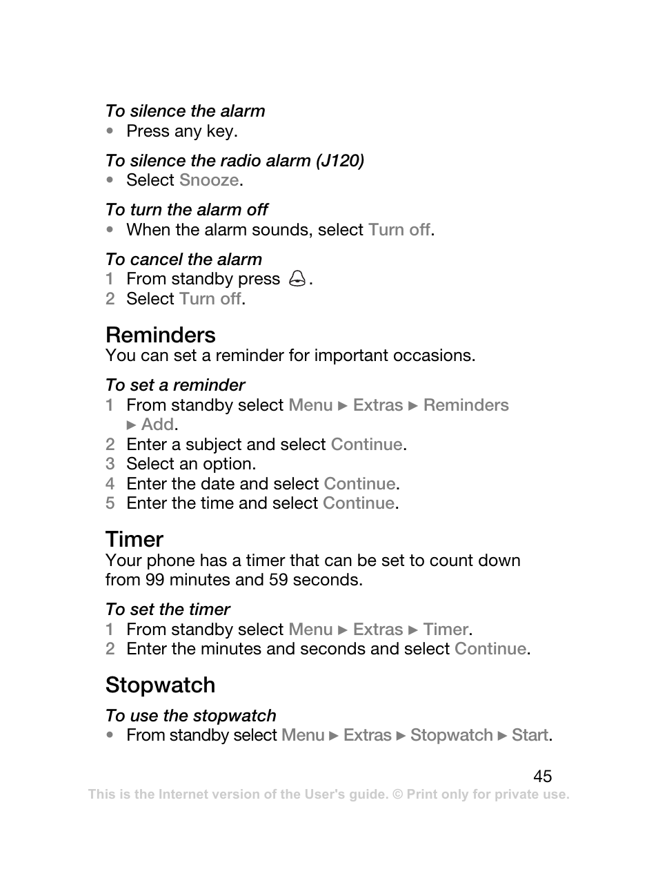 Reminders, Timer, Stopwatch | Sony Ericsson J120 User Manual | Page 46 / 74