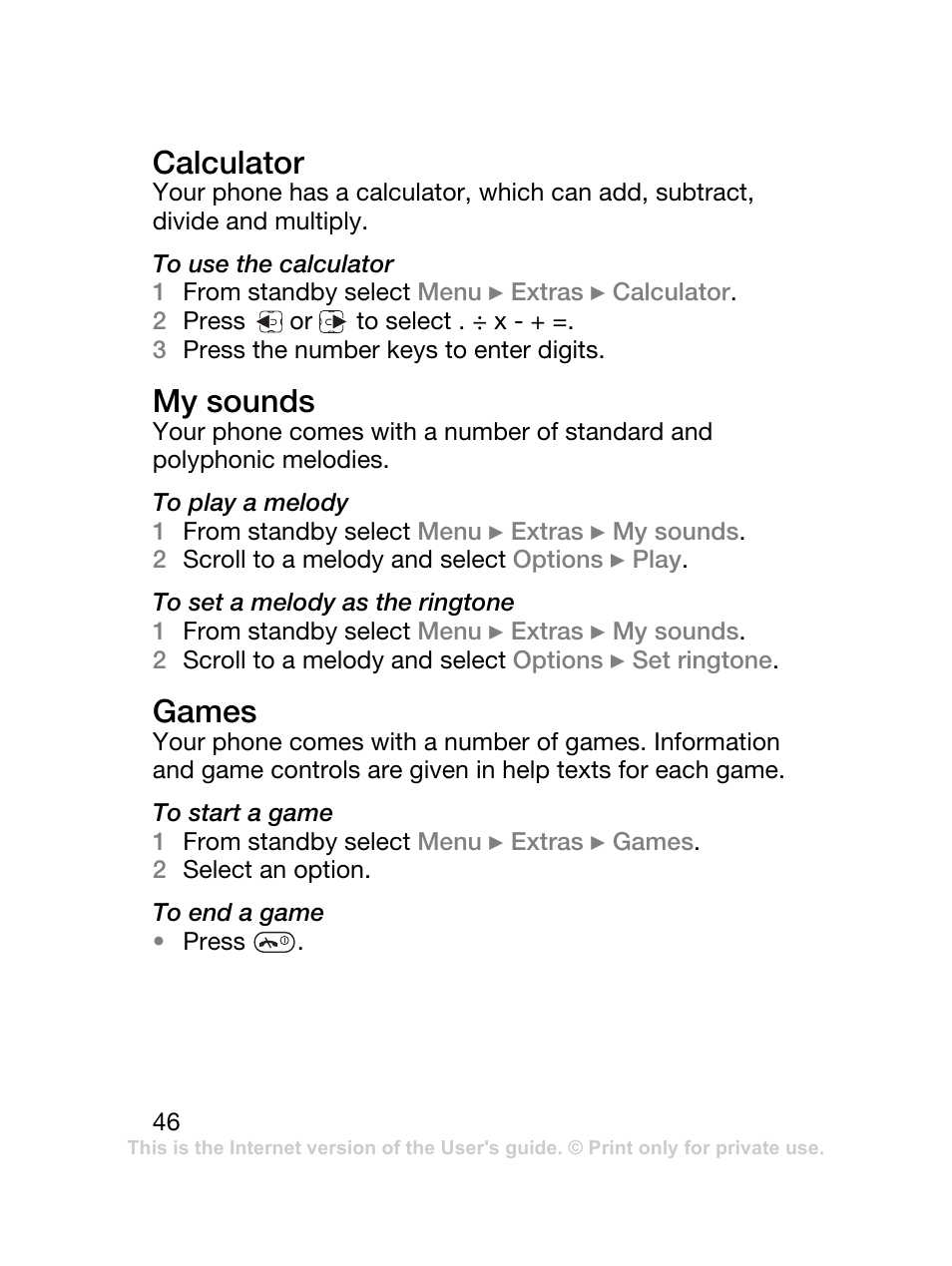 Calculator, My sounds, Games | Sony Ericsson J120 User Manual | Page 47 / 74