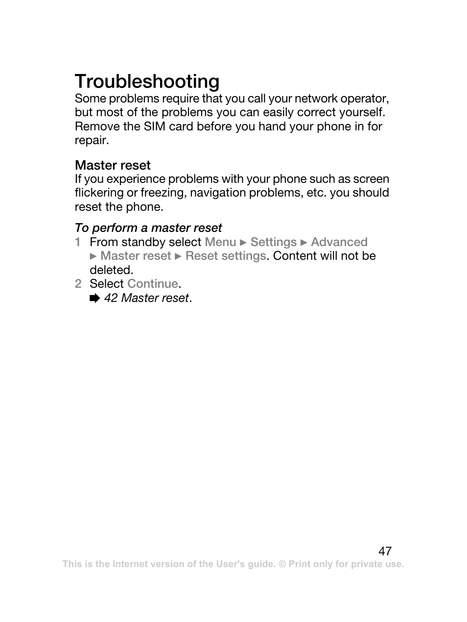 Troubleshooting | Sony Ericsson J120 User Manual | Page 48 / 74